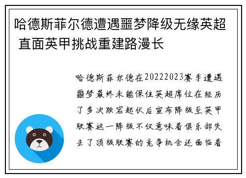 哈德斯菲尔德遭遇噩梦降级无缘英超 直面英甲挑战重建路漫长